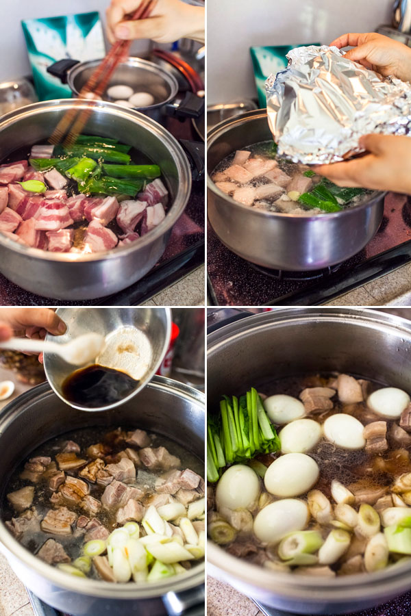 To prepare the Buta no Kakuni: 1) Boil the pork and top half of coarsely chopped leek for about 3 mins then skim out the surfacing fat. At the same time boil the eggs like usual. 2) Drain out the water and add new 6 cup of water, 1.5 cup of sake, sliced ginger then partially cover the pot with aluminium foil and let boil on low heat for 90 mins. 3) Add the peeled eggs, bottom half of chopped leek, soy sauce and mirin mix to the pot and boil for further 20 mins. 4) Lastly put in the spinach until it wilts then transfer the dish to a big serving bowl