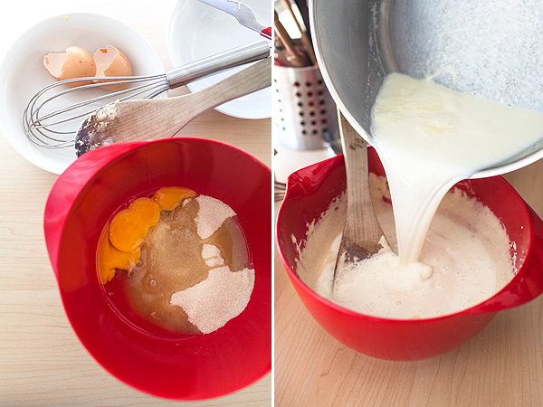 For the crême patissière - beat together the sugar, eggs and vanilla essence until white and foamy then add the flour and mix in the hot milk. Put the whole mix in a saucepan and cook over high heat while keep whisking until thick, then take it off the heat