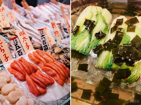 Salted cod roe on the left and pickled chinese cabbage on the right