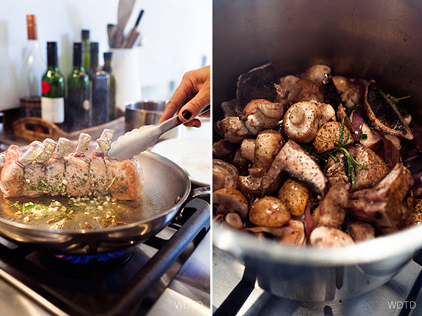 Char the rack of veal with the herbs marinate facing down until slightly golden then turn. At the same time cook the chopped mushrooms in a deep pot with a bit of butter, rosemary and simmer in red wine until the mushrooms are soft and sauce thickens