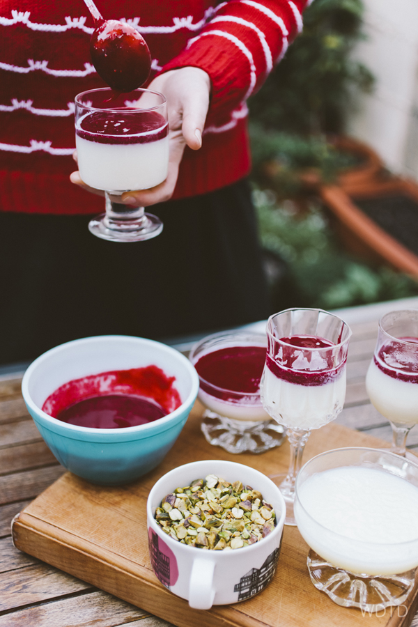 Prepare the Malabi mixture about 5 hours prior to adding the toppings of raspberry coulis and chopped pistachio nuts