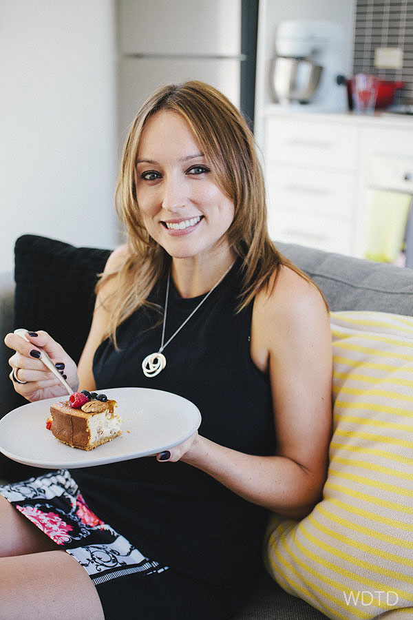 Lara enjoying her labour of love cheesecake in her very own print design skirt - Lara Kate