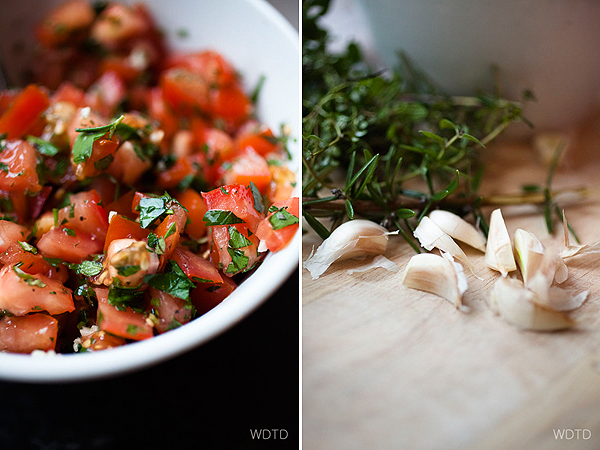 One of the pizza topping - bruschetta style freshly chopped (and drained) tomatoes with mix herbs and fresh garlic